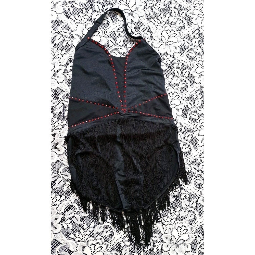 Balera Dance Costume XL Black Red Rhinestone Fringe Halter Bodysuit Strappy Back - Picture 5 of 12